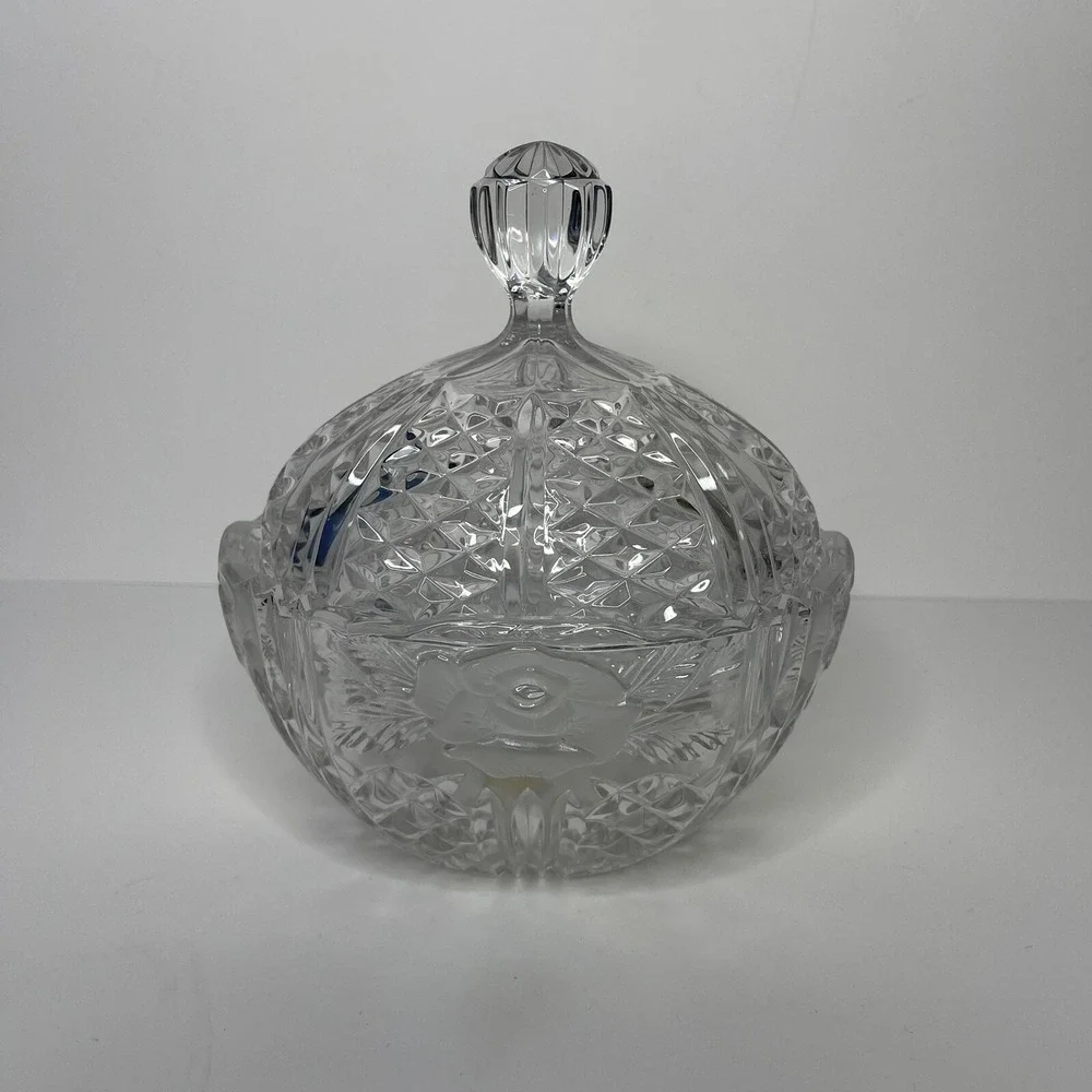 24% Crystal‎ Vintage Oval Candy Dish w/ Lid Glass Etched West Germany Floral